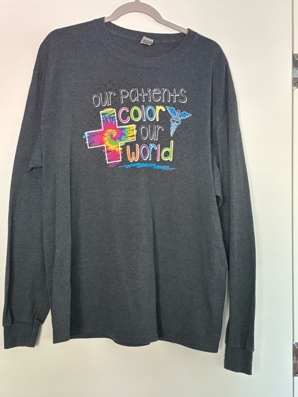 Gildan Dark Gray Long Sleeve Tee with Colorful Tie-Dye Graphic